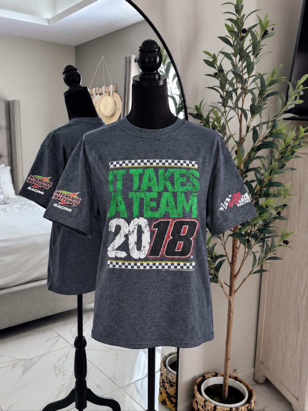 Gildan Dark Gray Short Sleeve Graphic Tee with Green, White & Red Print